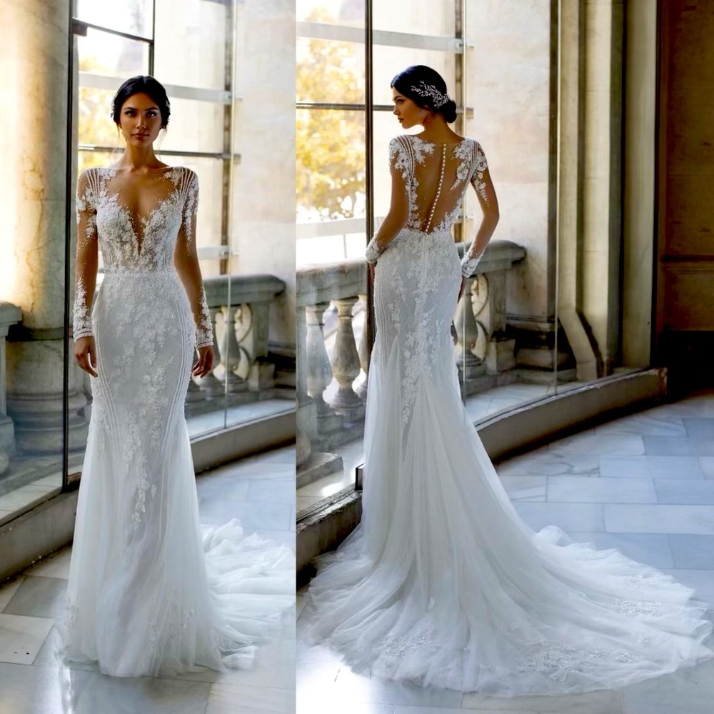 Brand New Pronovias Pickford White Lace Beaded Mermaid Wedding Dress Size 14